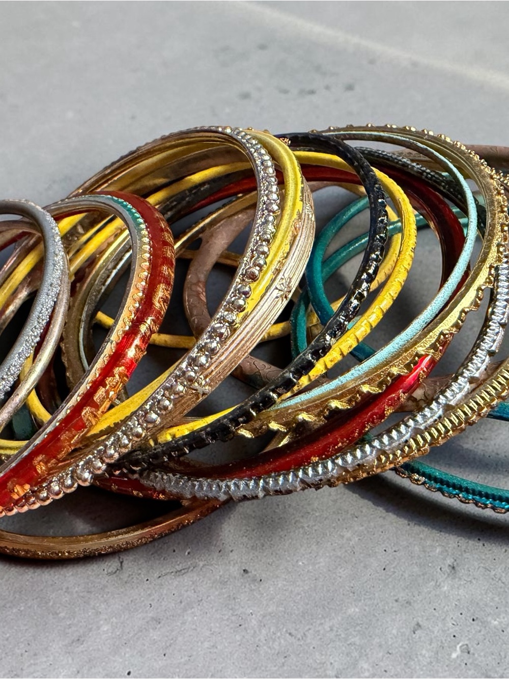 Stacked Multicolor Women's Bangles - Bright Yellow, Red, Teal, Black & Gold